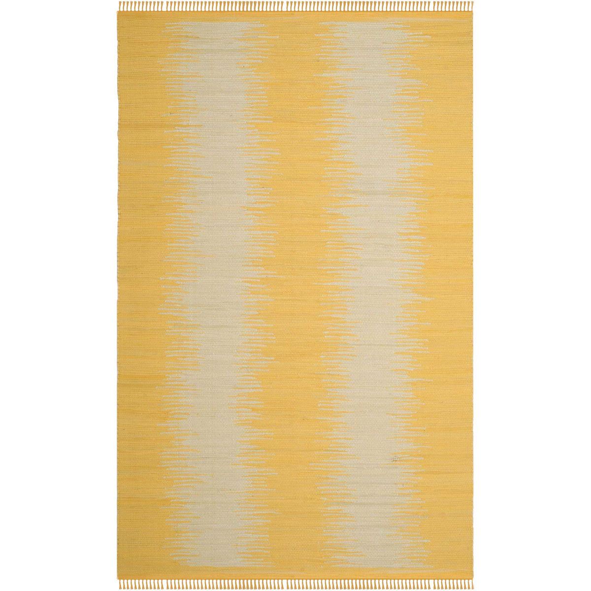 Gold and cream abstract bands sweep across a low-profile cotton rug with fringe