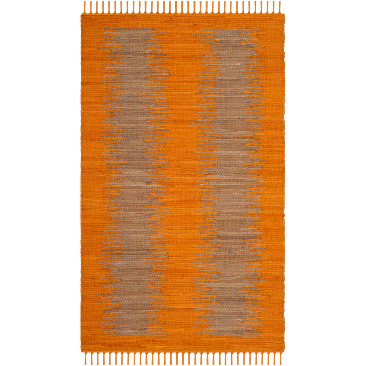Small orange accent rug pairs gray woven bands with a matching fringed finish