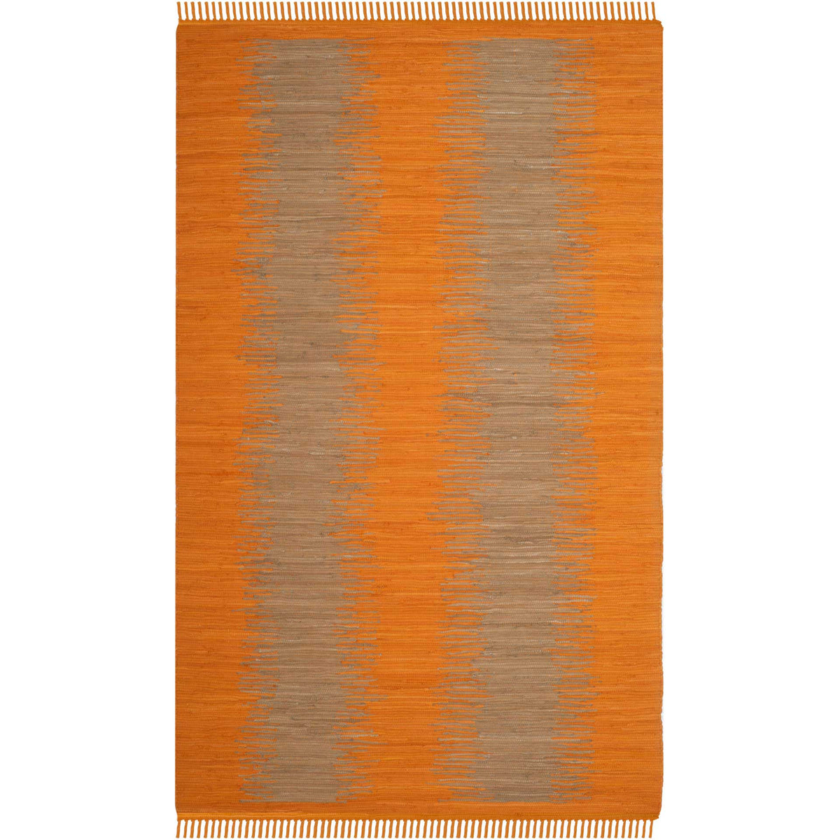 Orange and warm gray streaks form an abstract pattern on a handwoven cotton rug