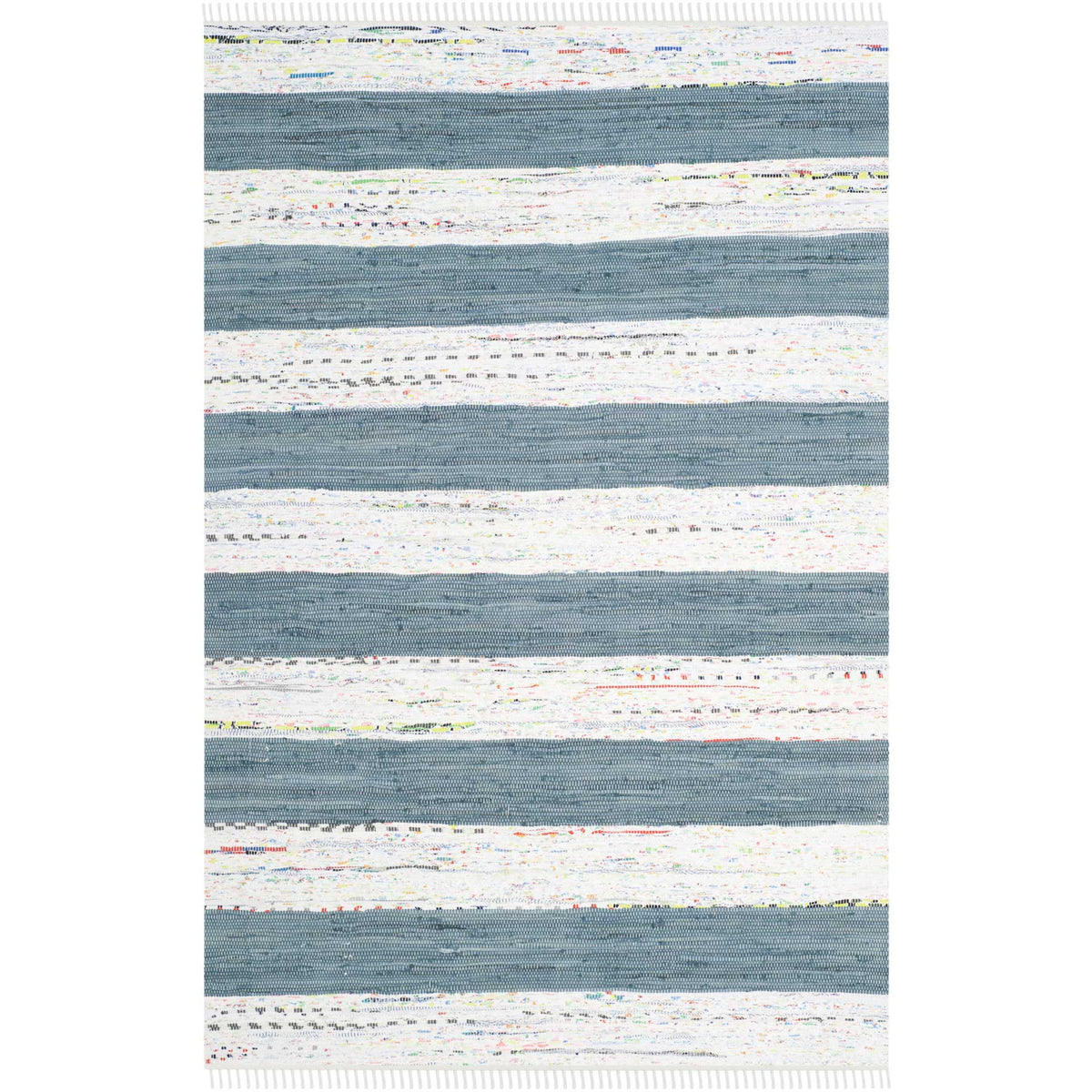 Textured gray bands alternate with softly speckled ivory stripes on a fringed cotton rug.