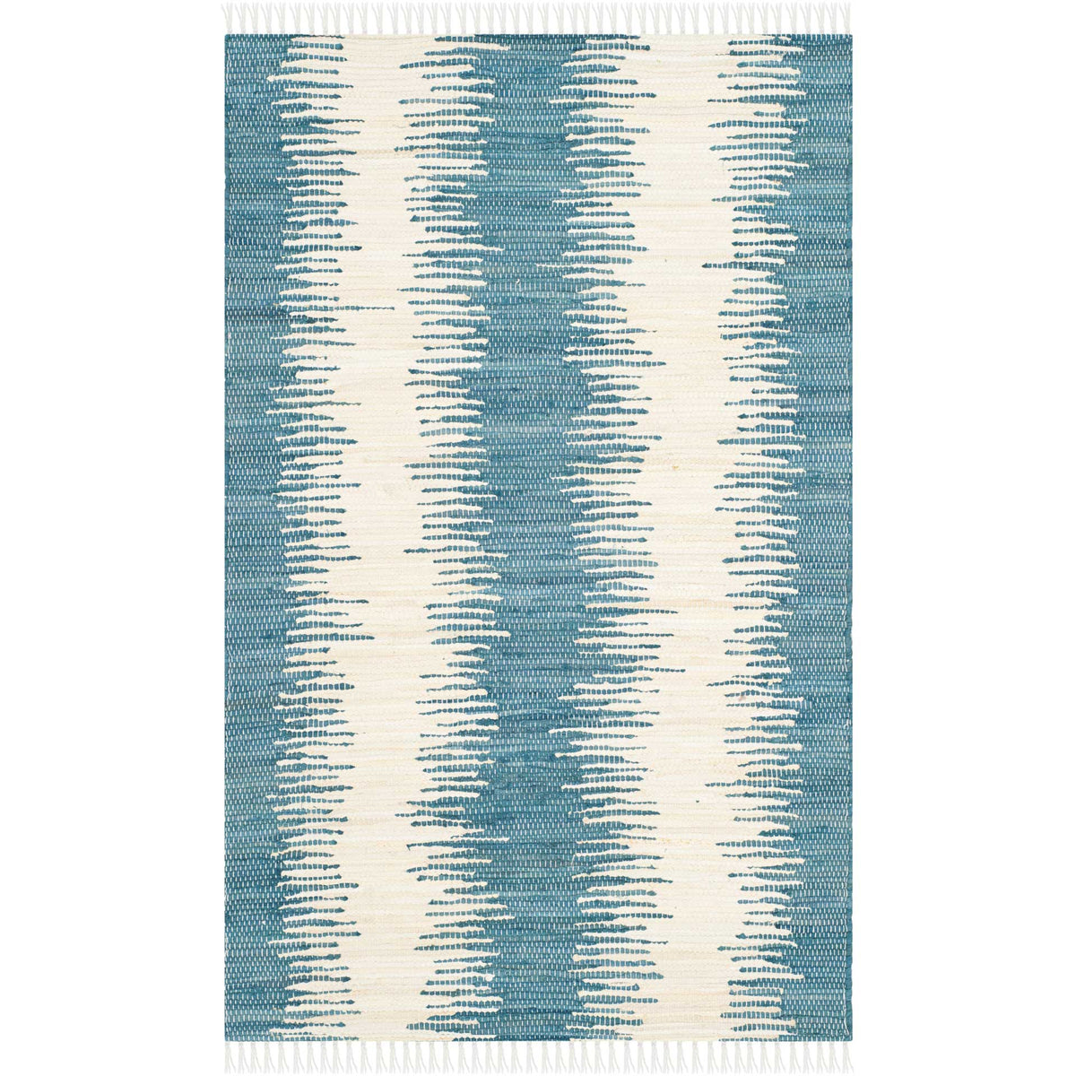 This compact cotton rug adds ocean-blue color, staggered ivory streaks, and fringed ends.