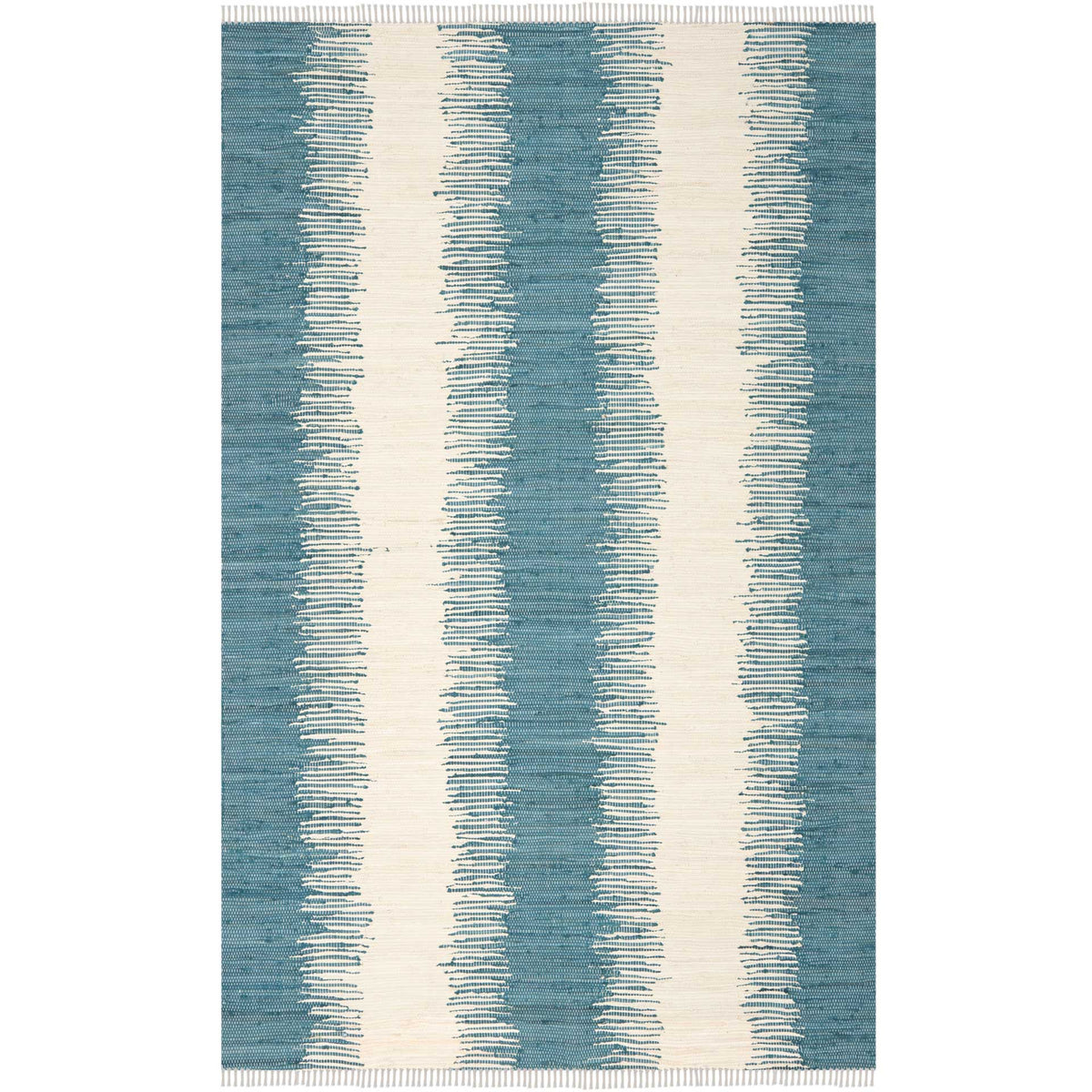 Woven blue bands frame irregular ivory stripes on a low-profile rug finished with fringe.