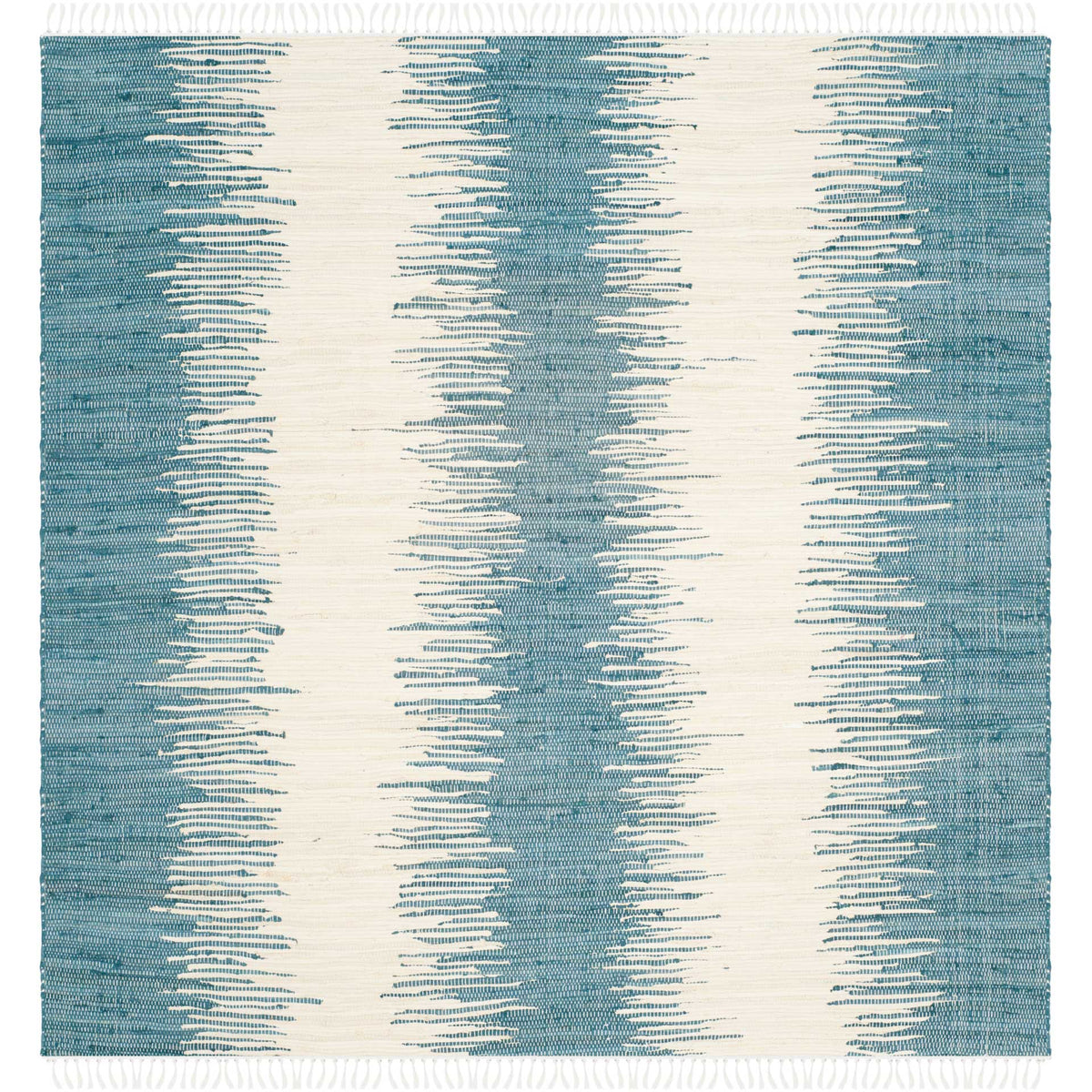 A square cotton rug pairs breezy blue and ivory stripes with soft fringe.