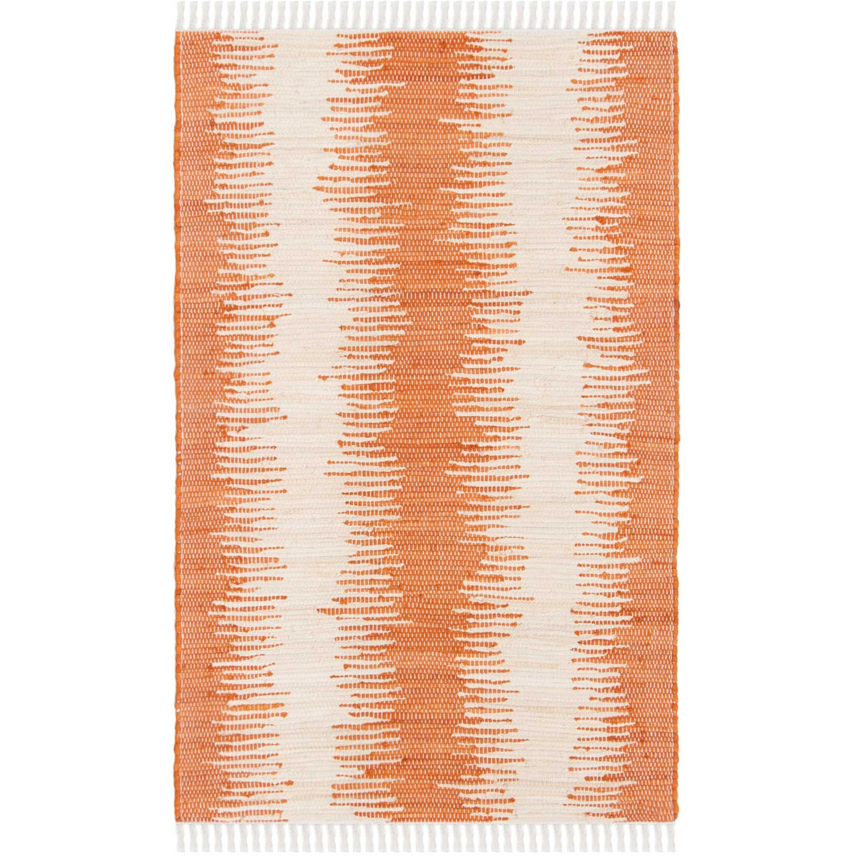 This compact orange and ivory rug offers energetic, feathered stripes and fringed ends.