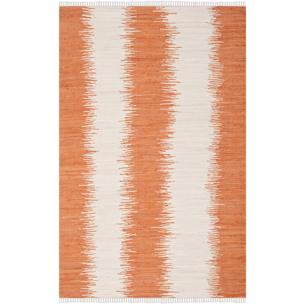 Warm orange brushstroke stripes alternate with ivory on a handwoven cotton rug with fringe. || MTK751C-5 || top_studio