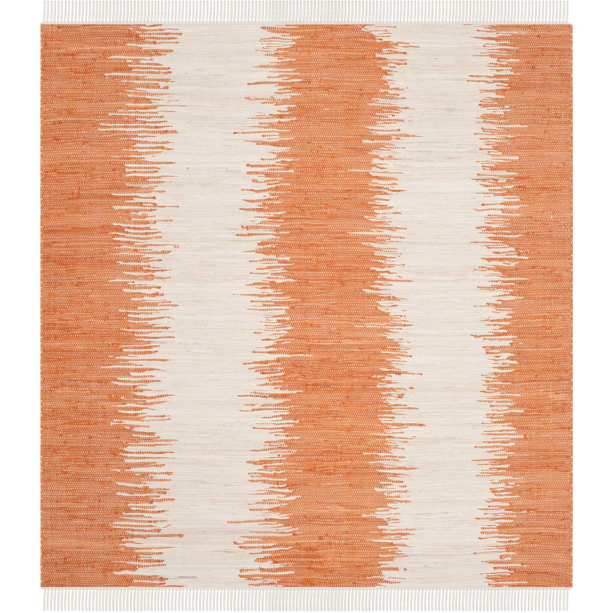 A square cotton rug brightens the floor with warm orange bands, ivory stripes, and fringe. || MTK751C-6SQ || top_studio