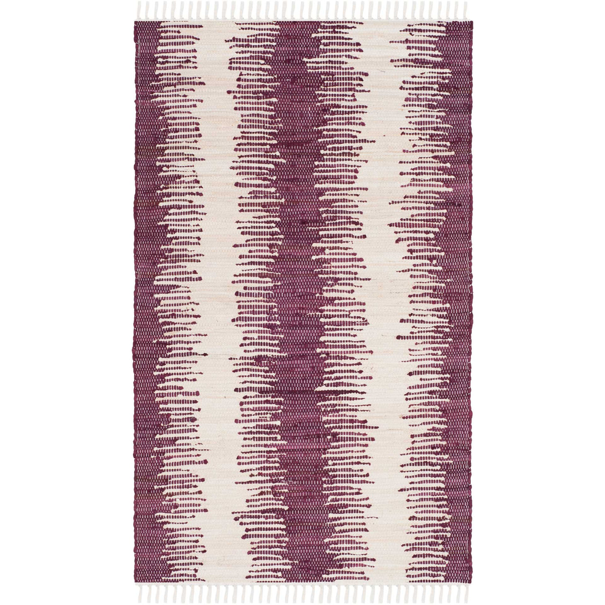 A small cotton rug combines plum and ivory broken stripes with tasseled end fringe.