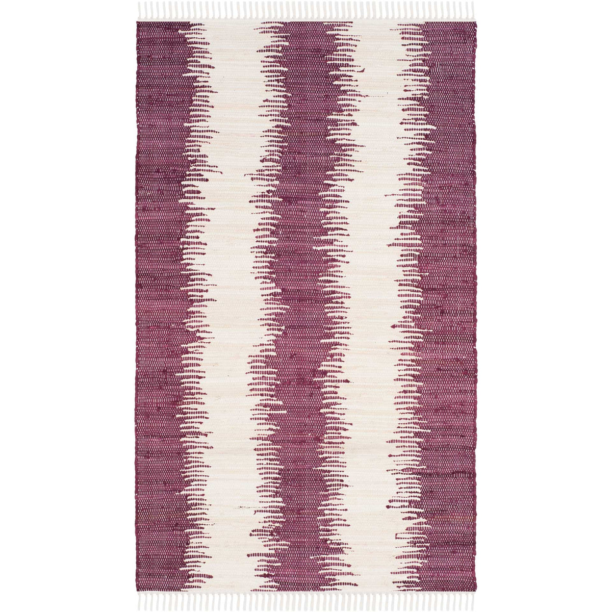 Rich purple brushstroke stripes ripple beside ivory bands on a compact fringed rug.