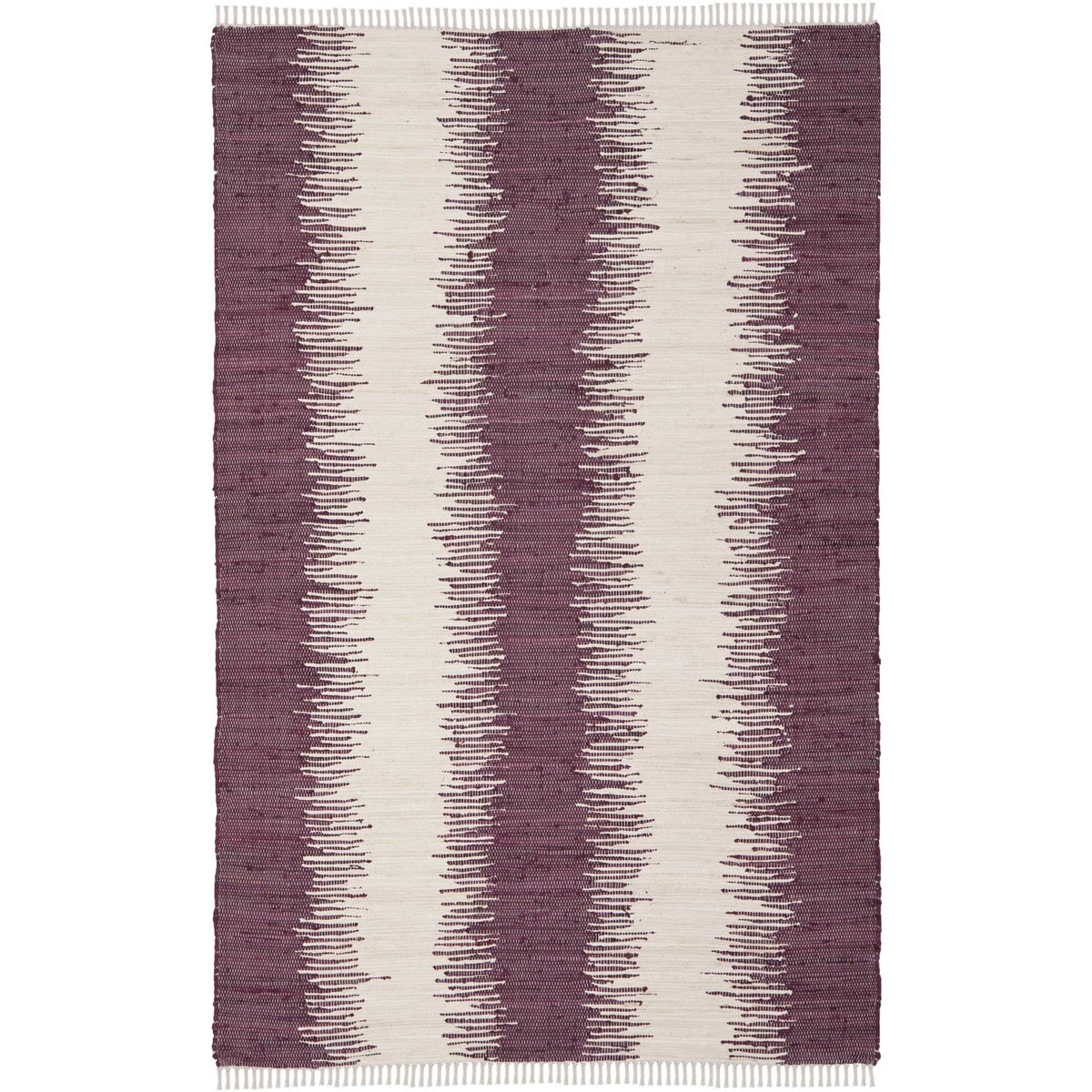 Bold plum-purple stripes and soft ivory bands give this handwoven cotton rug a vivid look.