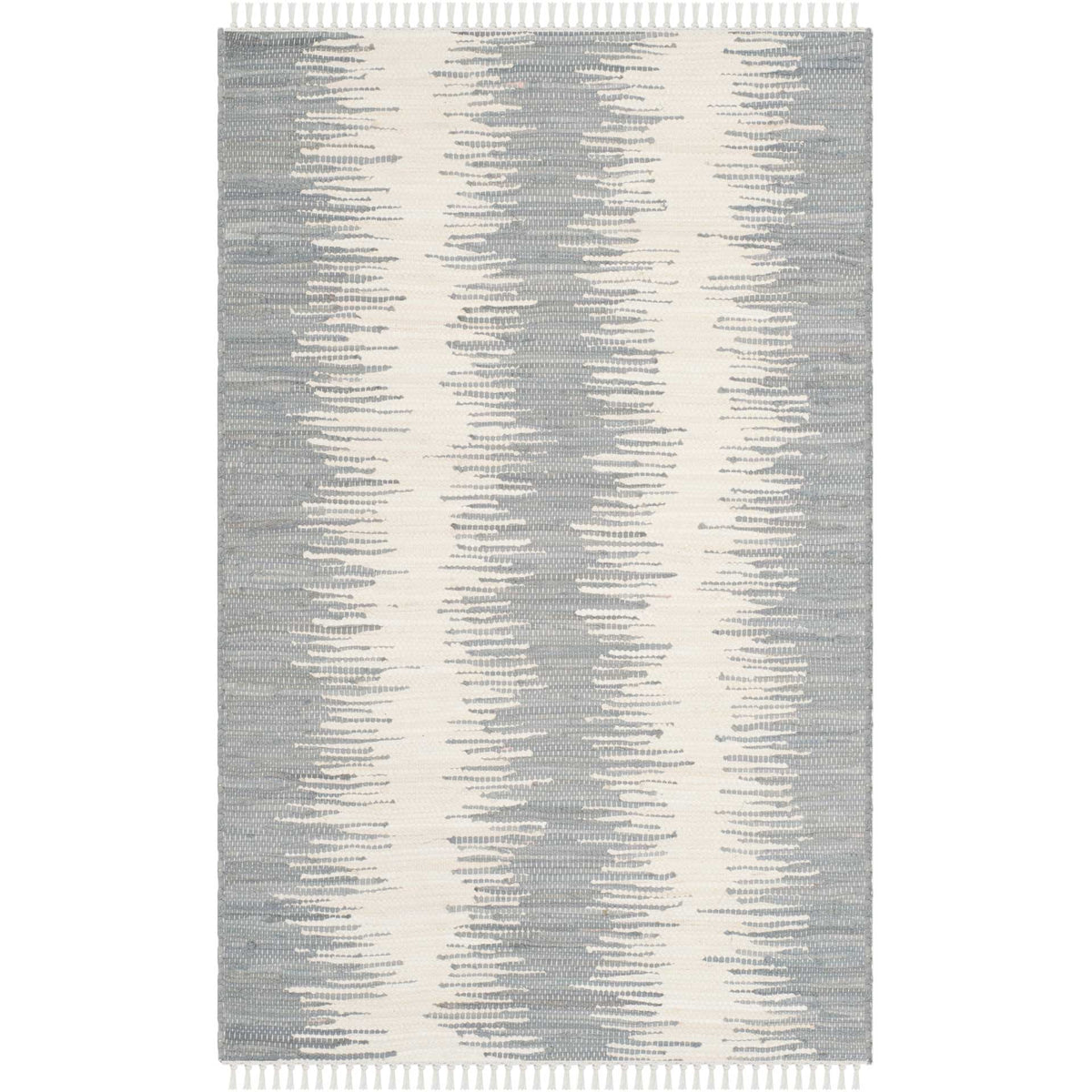 This compact gray rug features broken ivory stripes and a casual fringed finish.
