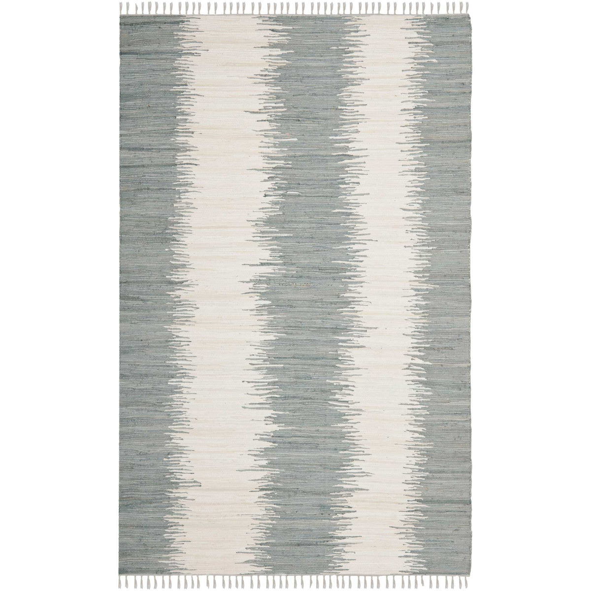 Textured gray brushstroke bands alternate with pale ivory on this handwoven cotton rug.