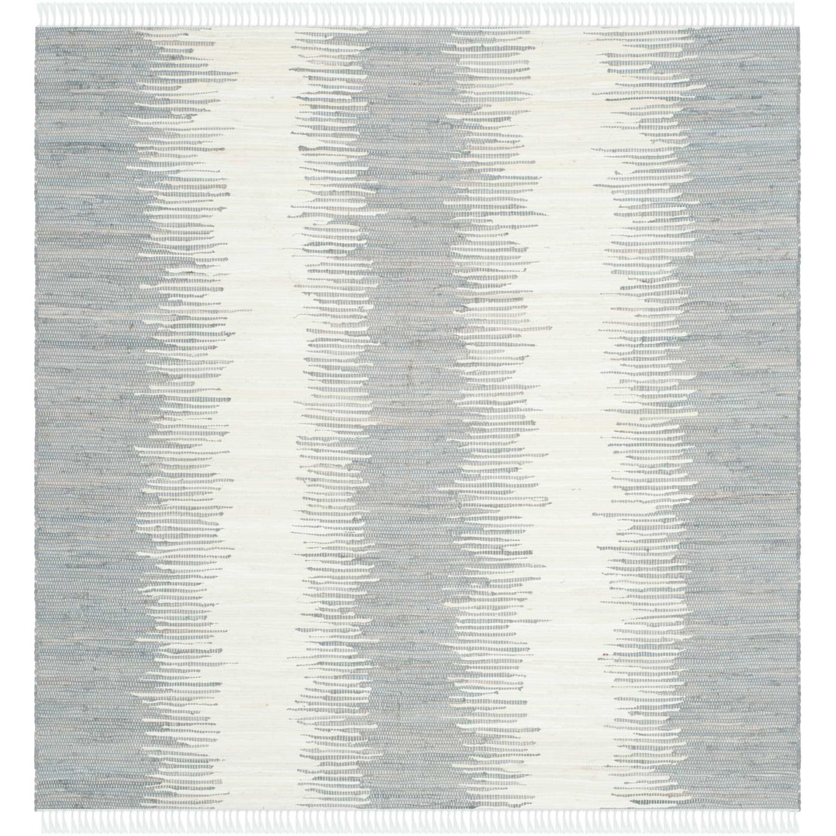 A square rug pairs misty gray stripes with ivory bands and delicate fringed ends.