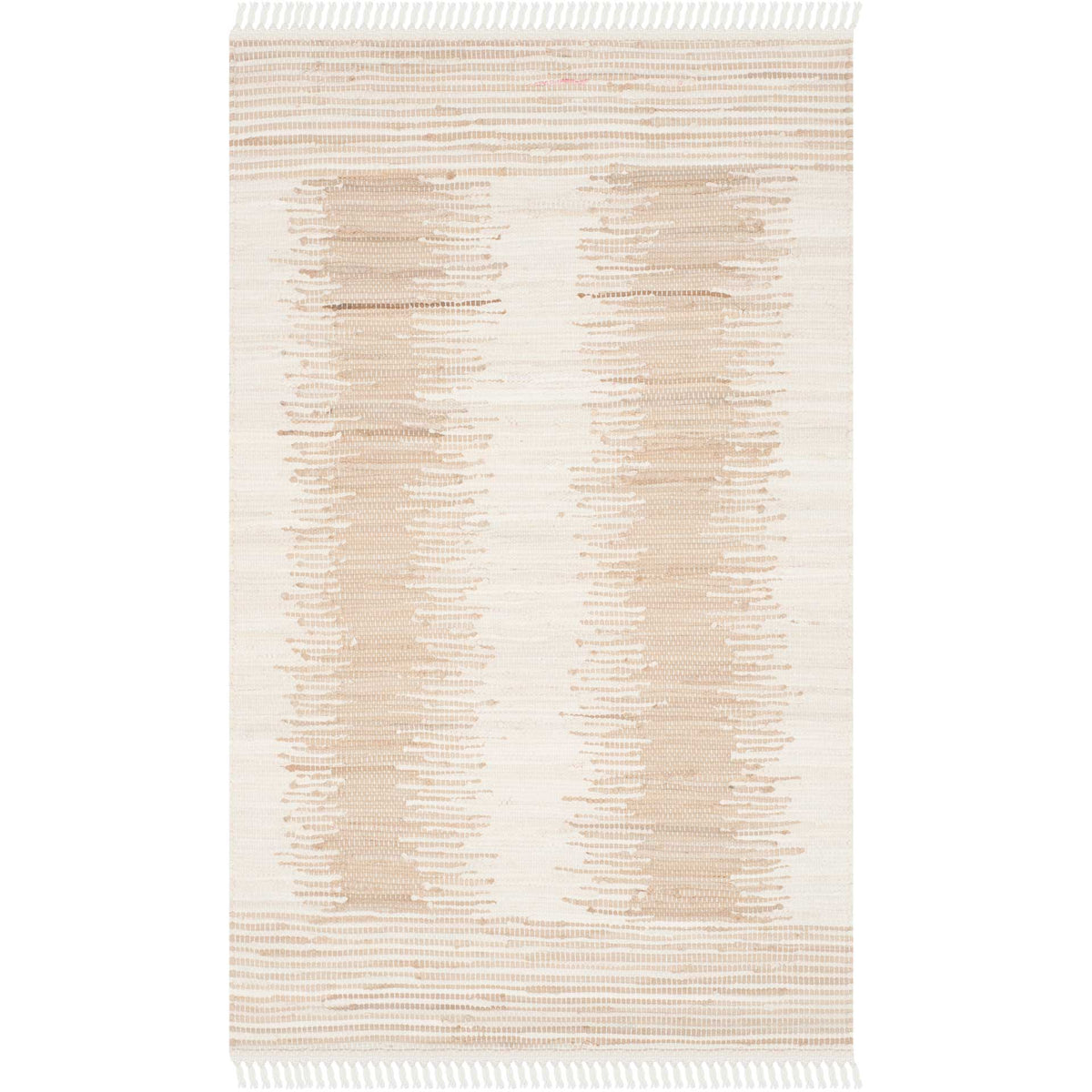 Compact beige and ivory cotton rug with abstract stripes and fringe at both ends
