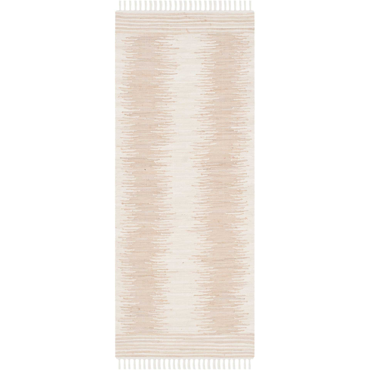 Beige cotton runner with an ivory-washed center, fine woven streaks, and fringe