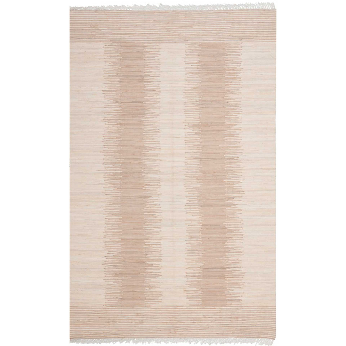Beige cotton rug with irregular ivory bands, fine woven texture, and short fringe