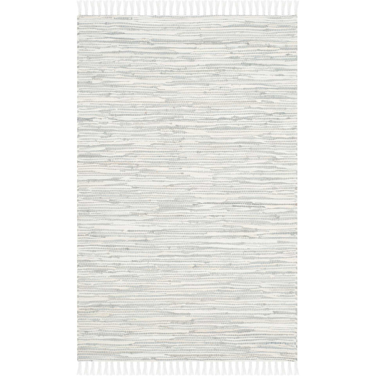 Small silver cotton accent rug with subtle linear texture and fringe on both ends.