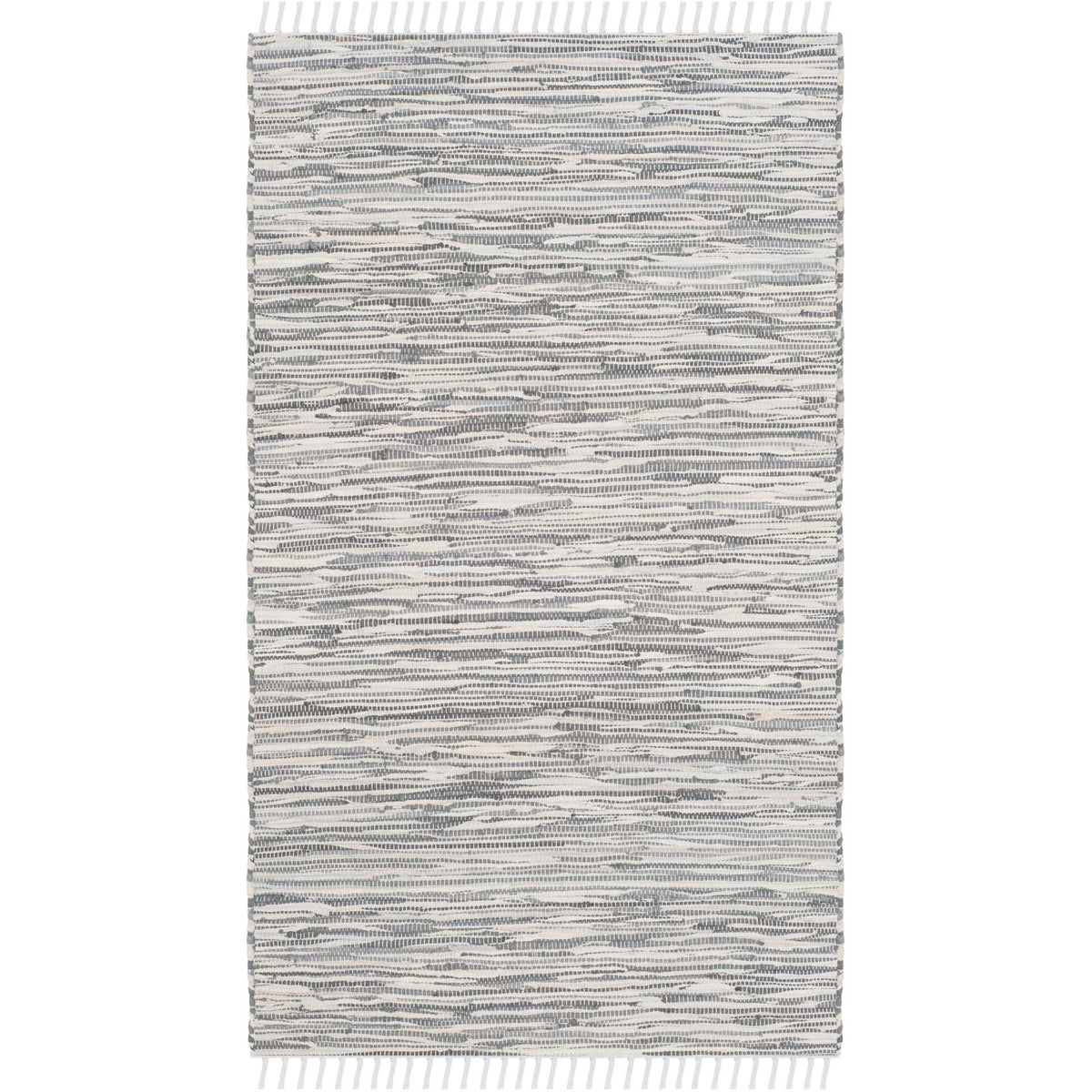 Rectangular cotton rug with dense silver-gray streaks and delicate fringe at each end.