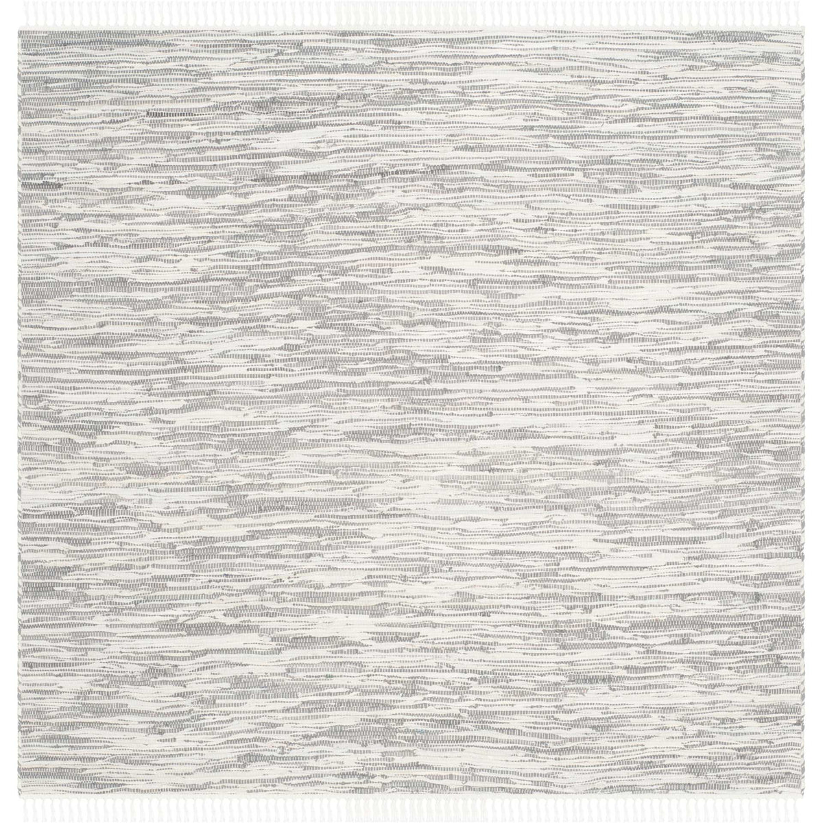 Square silver cotton rug with fine gray striations and a softly fringed finish.