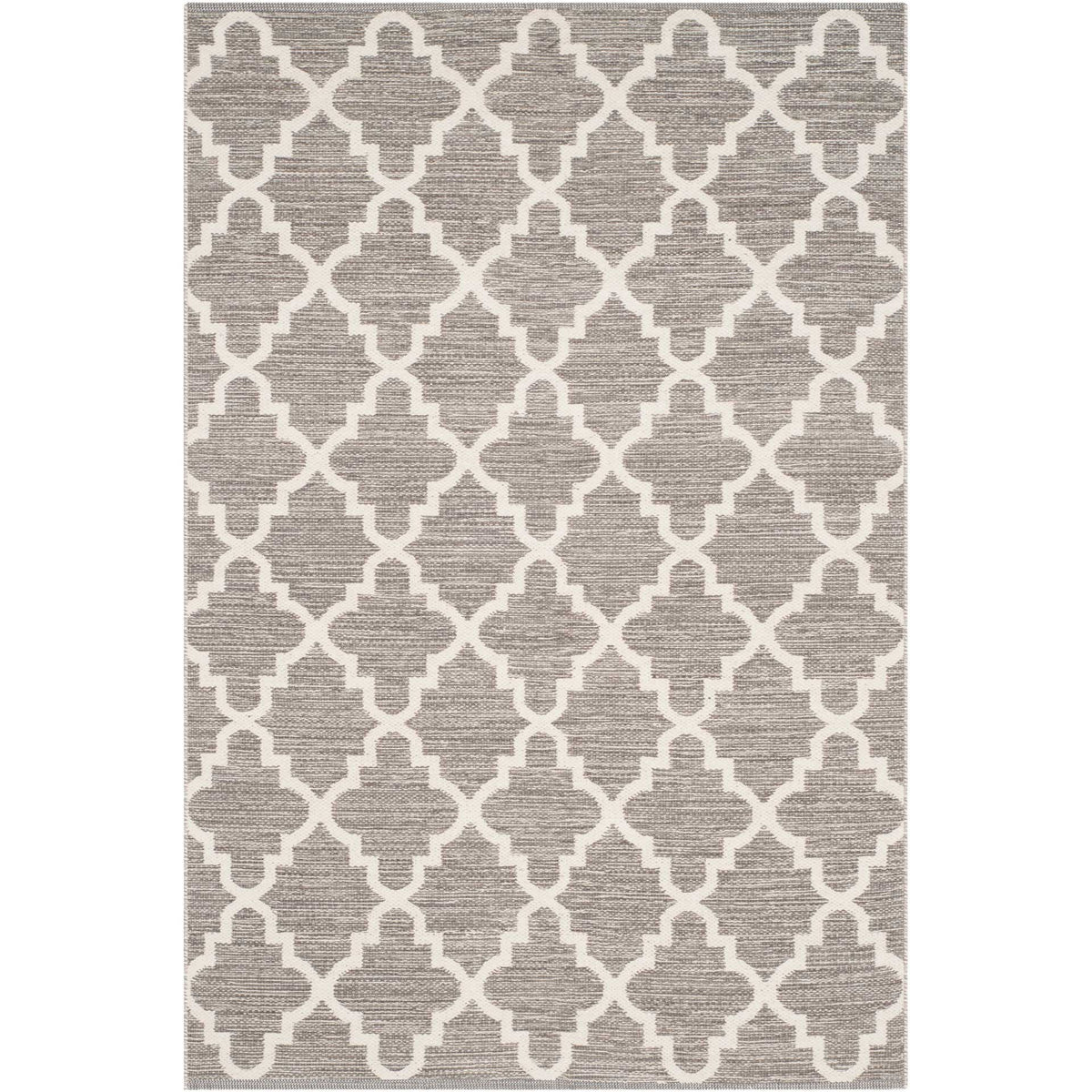 A 4' x 6' gray and ivory cotton rug adds gentle texture with a repeating trellis motif.