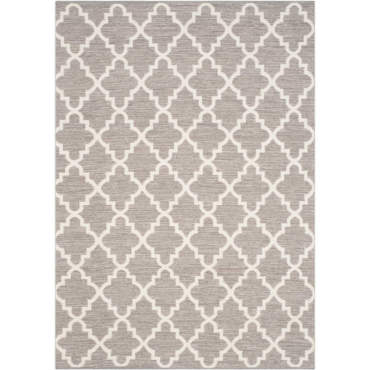 A 5' x 8' gray cotton rug features ivory interlocking curves for an easygoing patterned foundation.