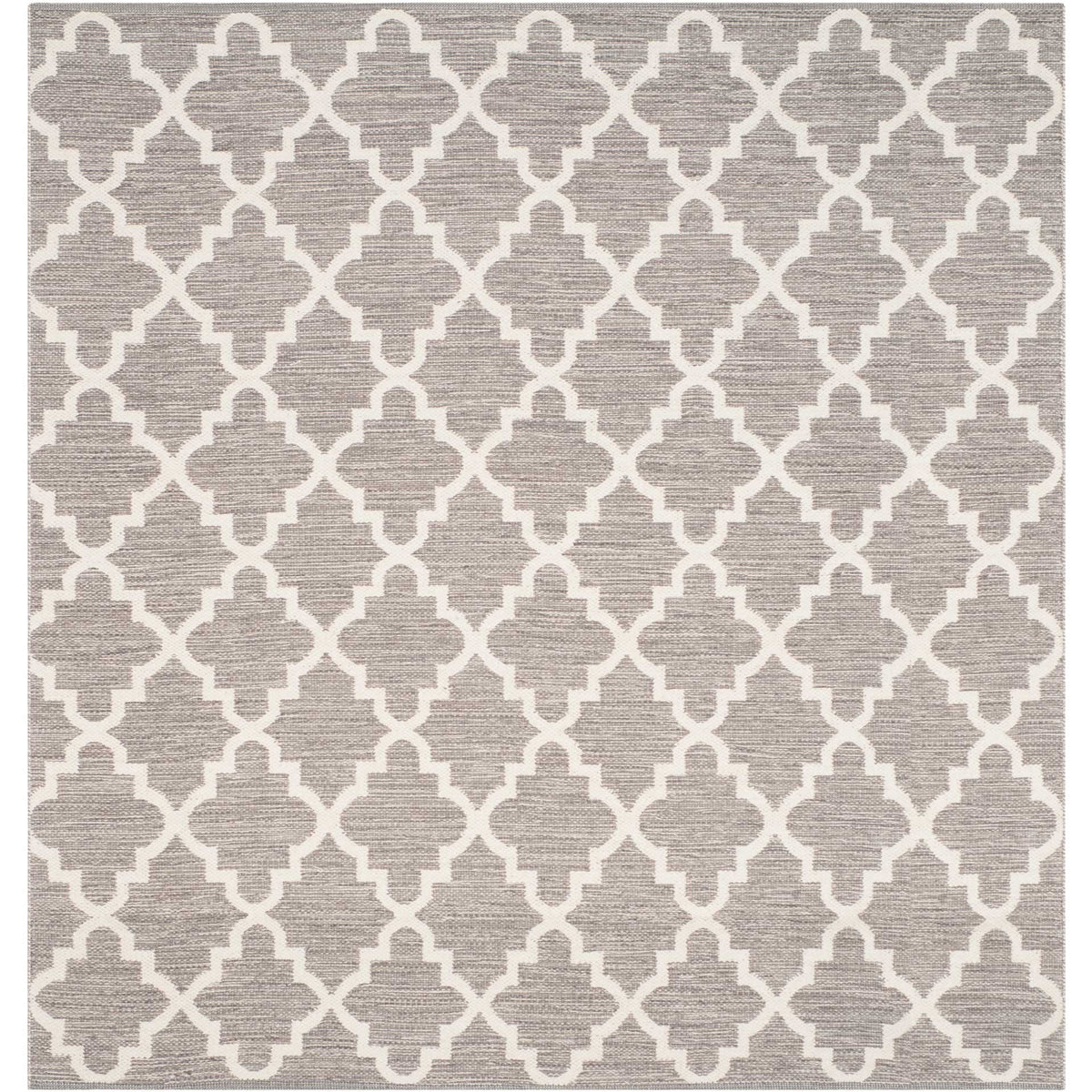 A 6' square gray and ivory rug gives its quatrefoil pattern a balanced, symmetrical look.