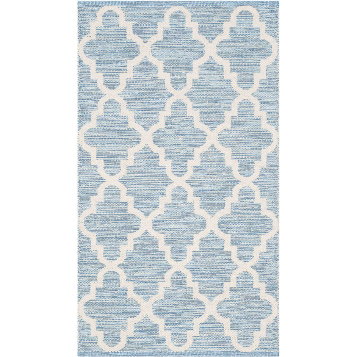 A compact light blue and ivory rug offers an eye-catching quatrefoil accent with a soft cotton feel.