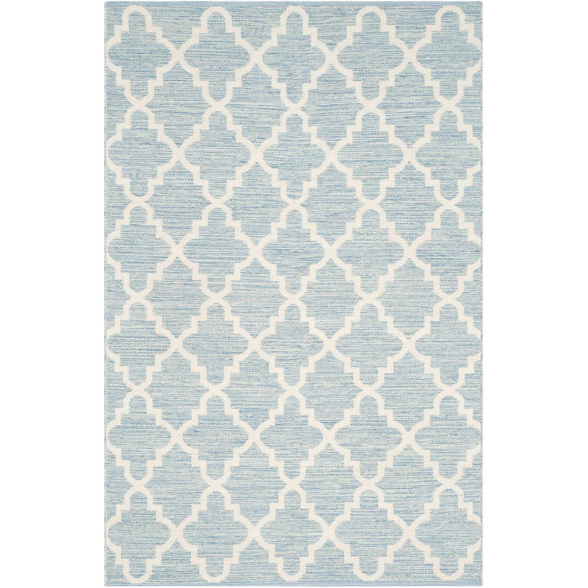 A 4' x 6' light blue cotton rug features ivory lattice lines for a fresh, airy feel.