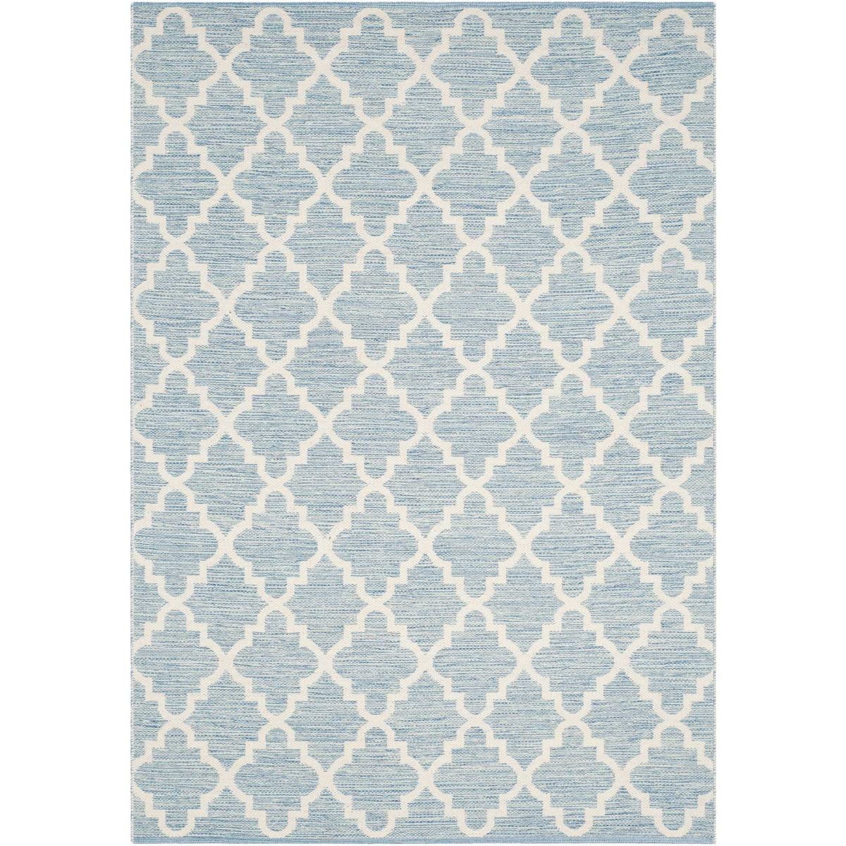 A 5' x 8' blue and ivory cotton rug pairs playful quatrefoils with gentle woven texture.