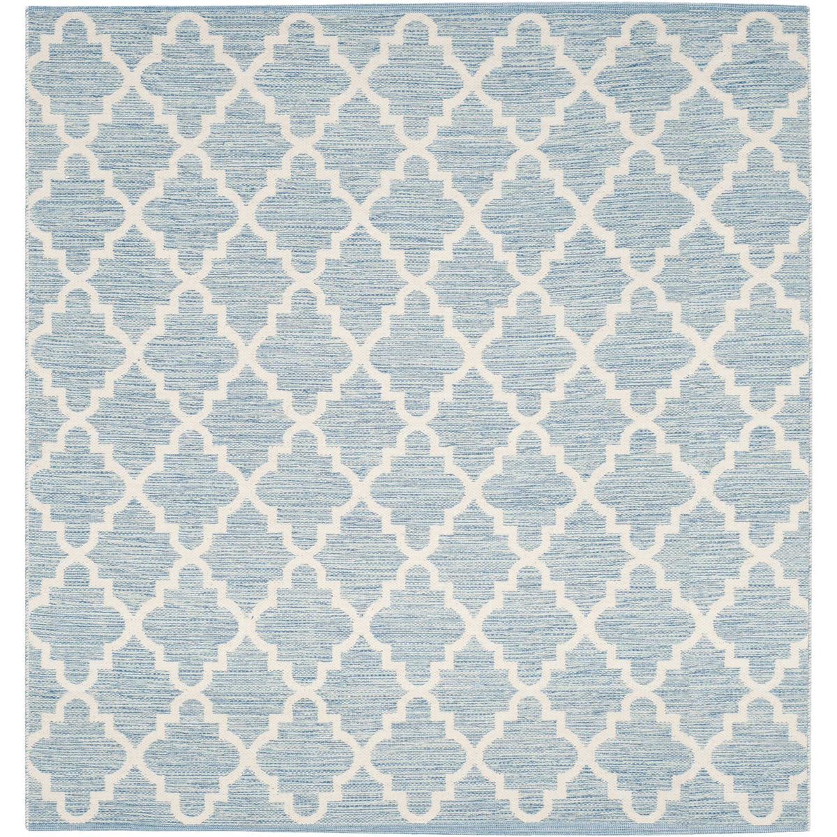 A 6' square light blue and ivory rug balances a graceful trellis across soft woven cotton.