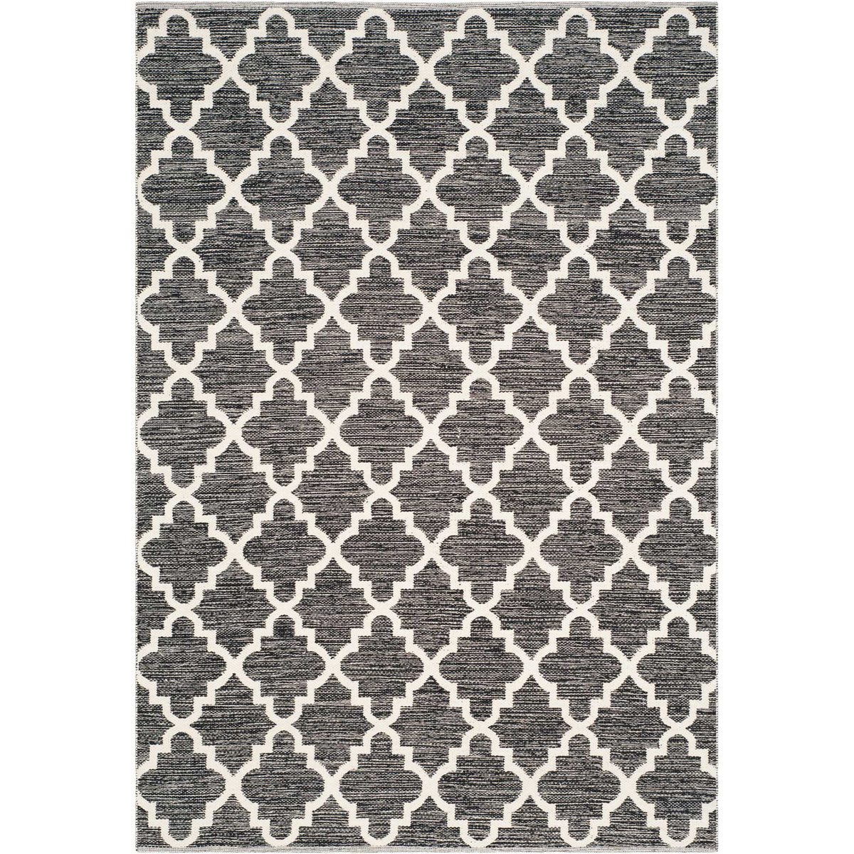 A 5' x 8' black and ivory cotton rug adds bold rhythm with its interlocking trellis.