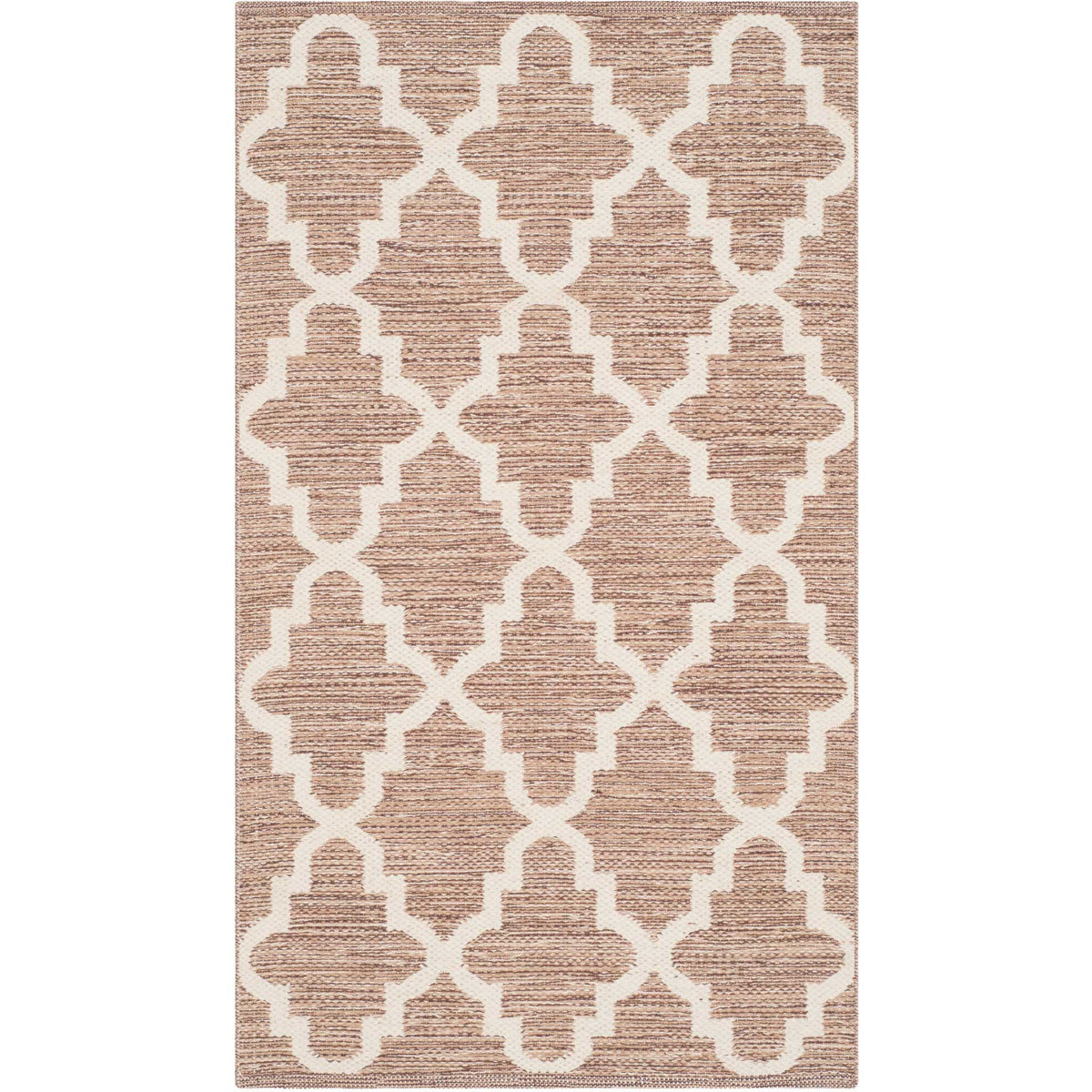 A 3' x 5' cotton rug adds warm beige color and bold ivory quatrefoil outlines.