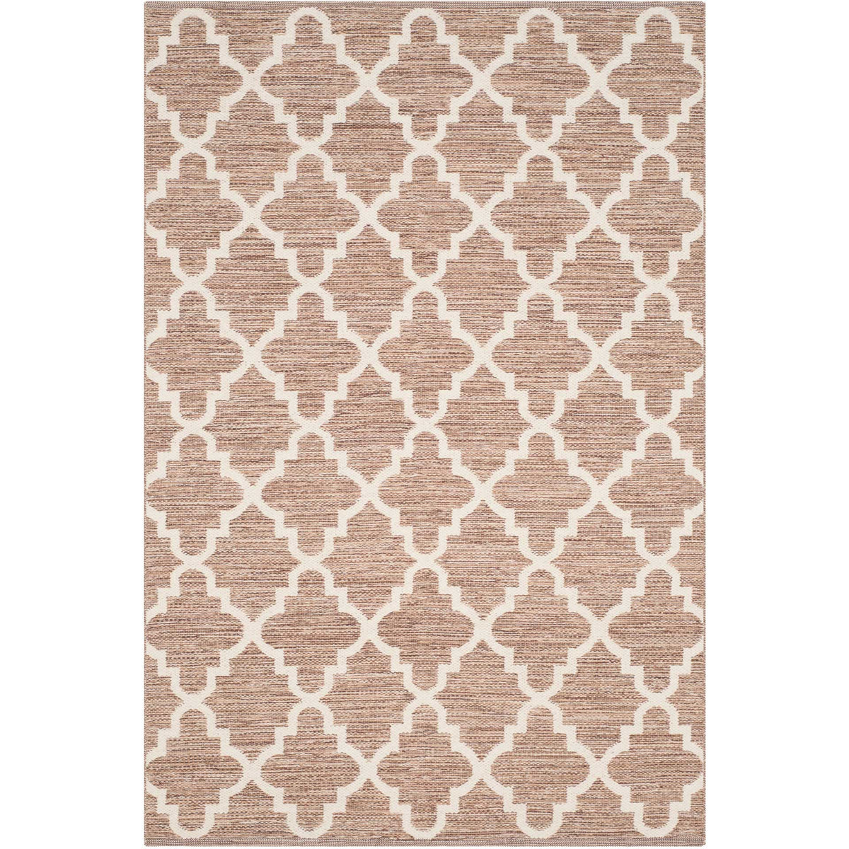 A 4' x 6' beige and ivory rug combines oversized quatrefoils with an easygoing woven finish.
