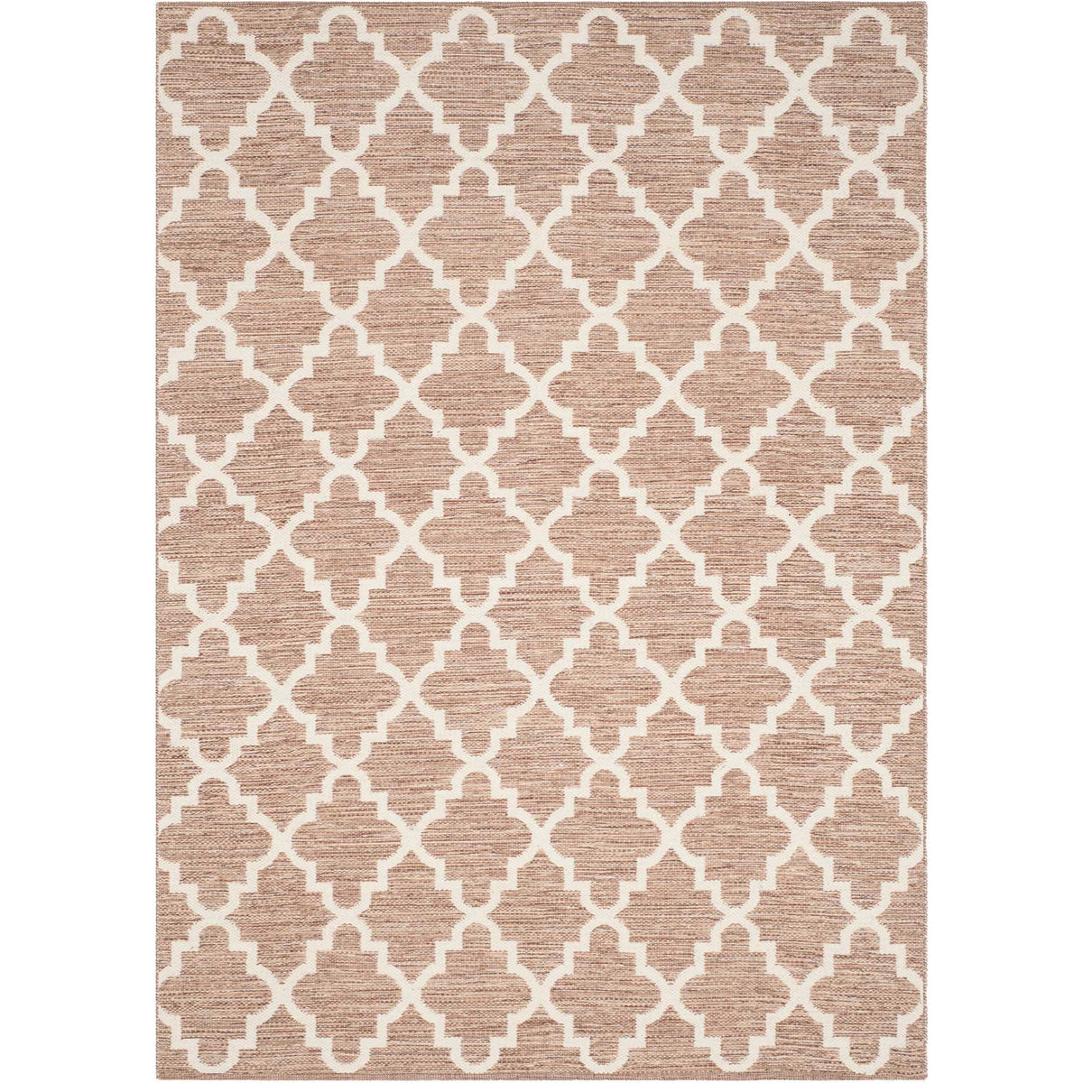 A 5' x 8' beige cotton rug layers crisp ivory trellis lines over warm, textured color.