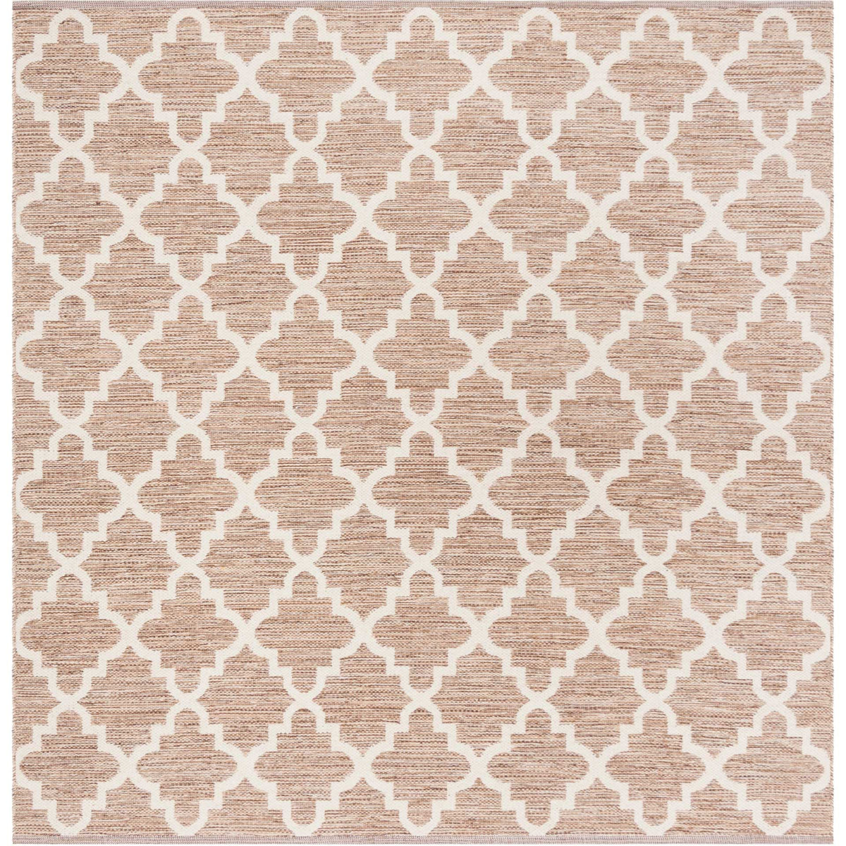 A 6' square beige and ivory rug brings balanced quatrefoil geometry to a cozy cotton weave.