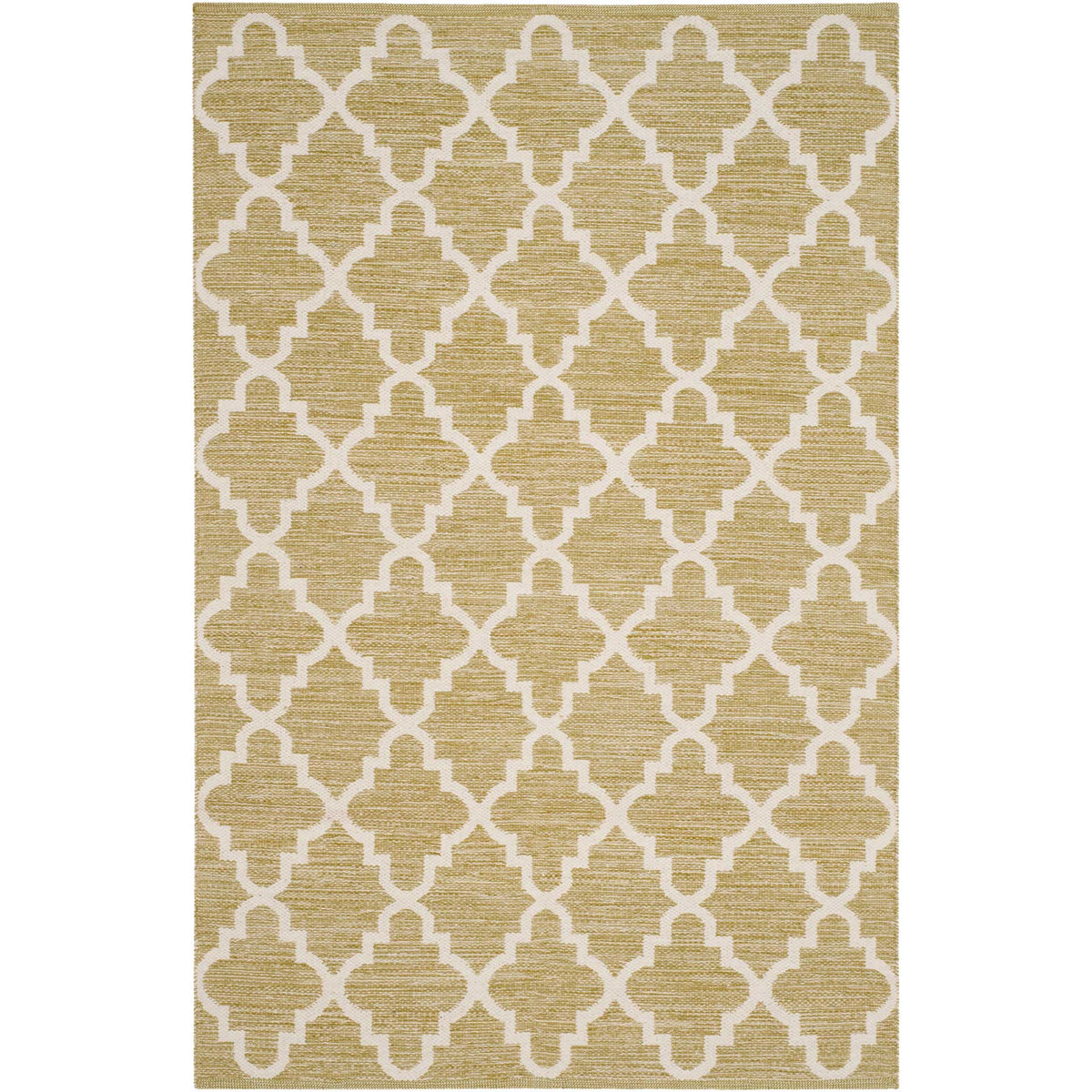 A 4' x 6' green and ivory cotton rug combines geometric curves with inviting woven texture.