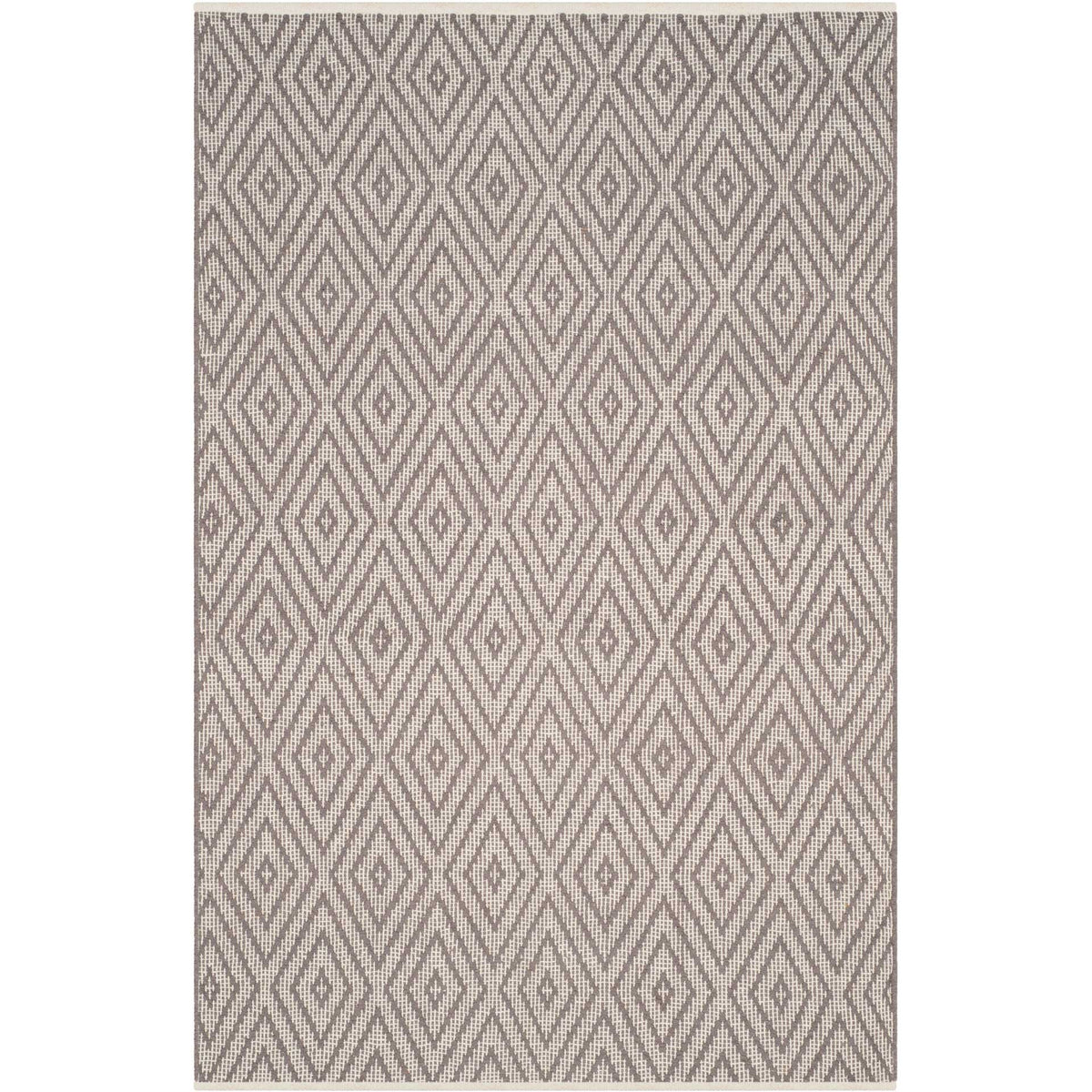 Defined gray diamond outlines lend graphic appeal to a compact ivory cotton rug.