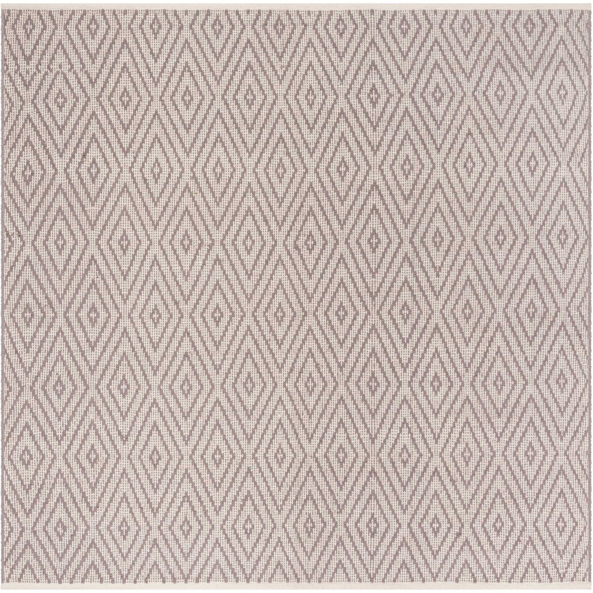 A square gray and ivory cotton rug features aligned diamonds and crisp woven edges.