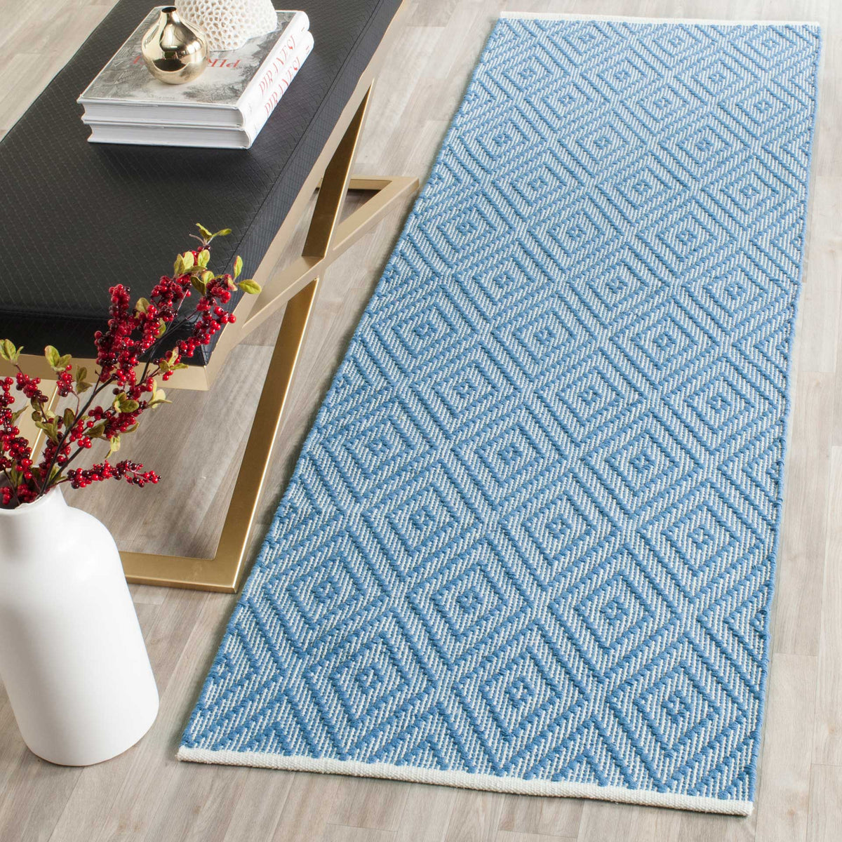 Brilliant blue diamonds bring fresh color and graphic style to an everyday walkway.