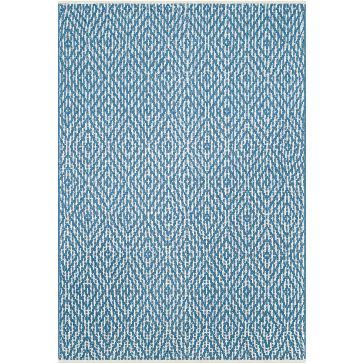 Crisp ivory lines trace stacked diamonds across a vivid blue cotton rug.
