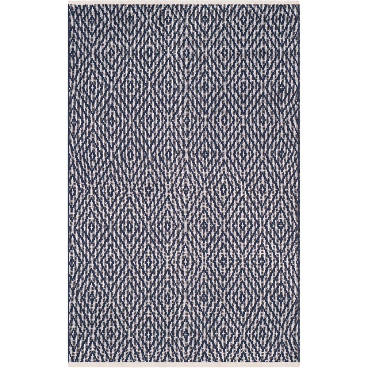 Navy and ivory nested diamonds bring crisp contrast to a compact woven rug.