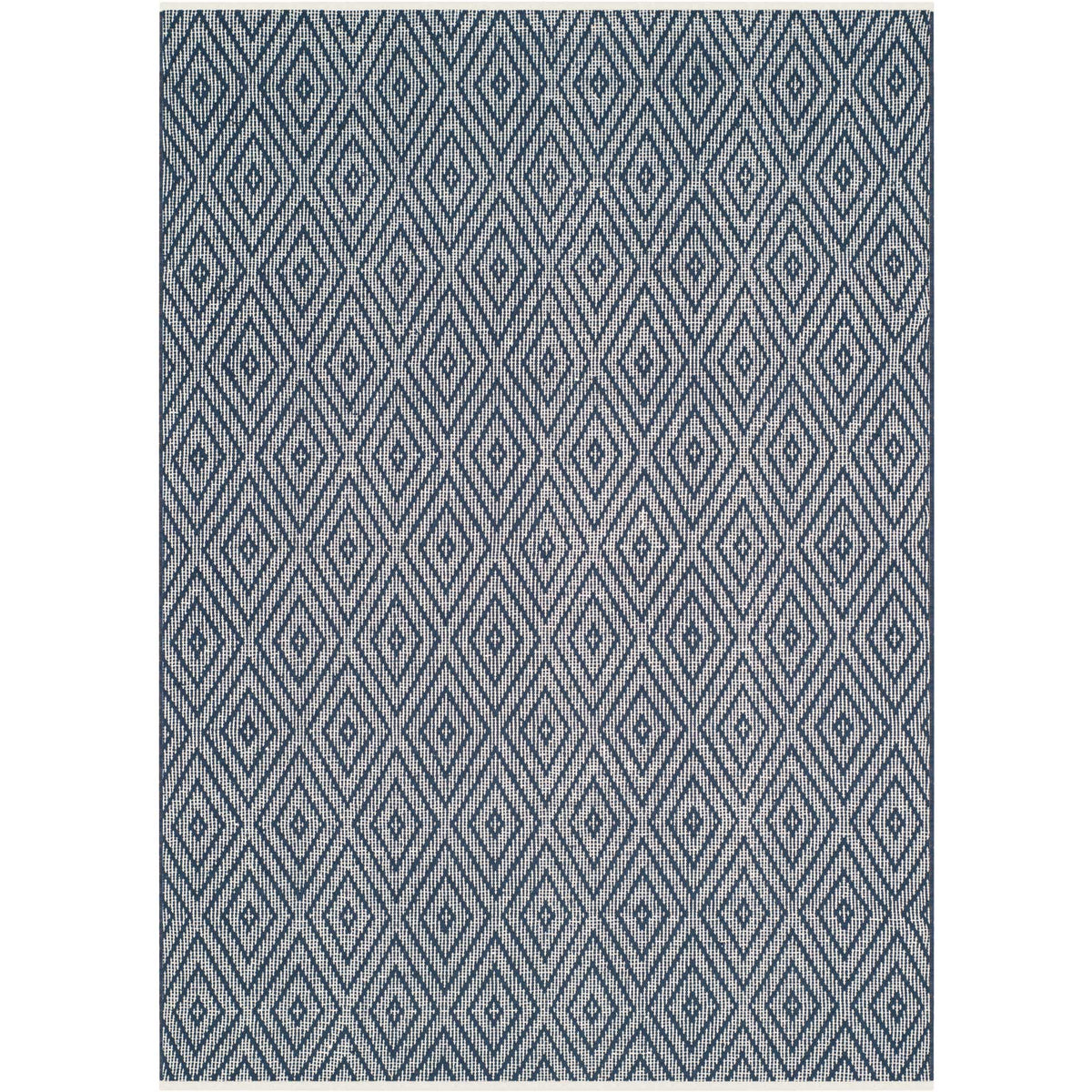 A dense lattice of navy and ivory diamonds gives this area rug bold, balanced style.