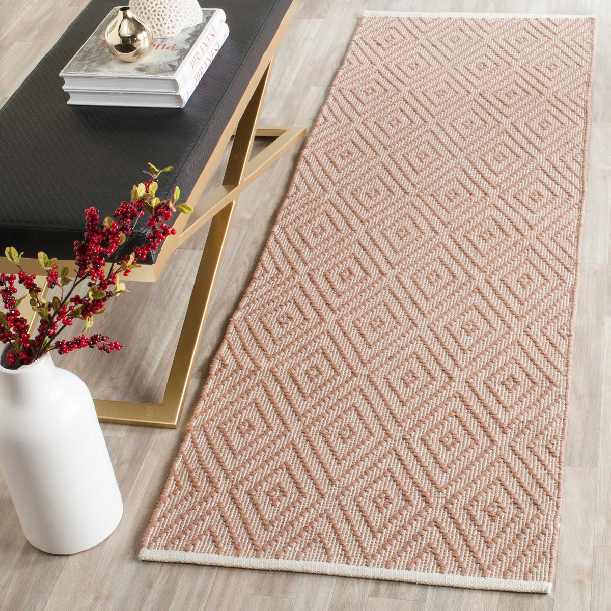 Soft beige and ivory diamonds add warmth and geometric rhythm to a narrow floor space.