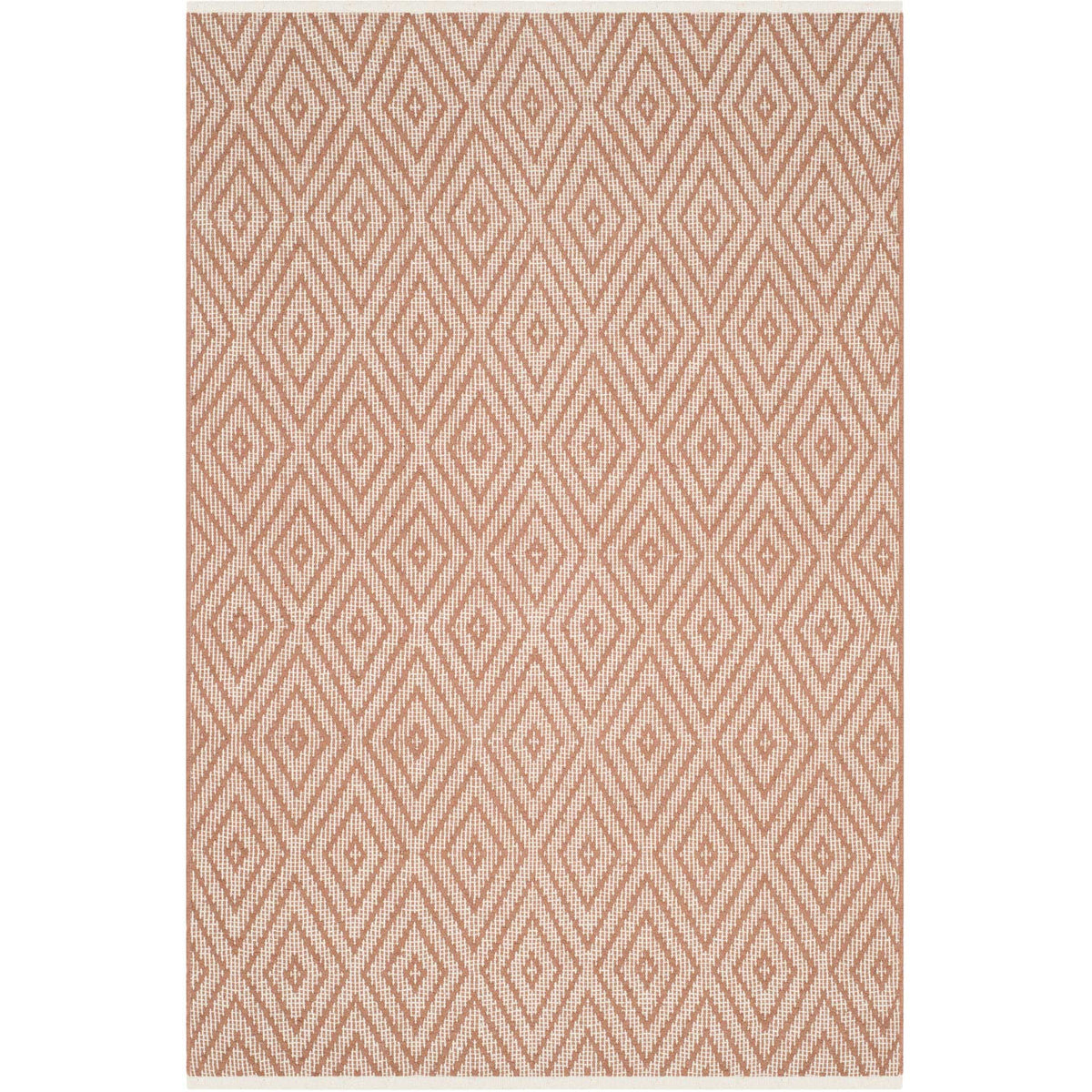 Warm beige diamonds and ivory lines bring lively geometry to a compact cotton rug.