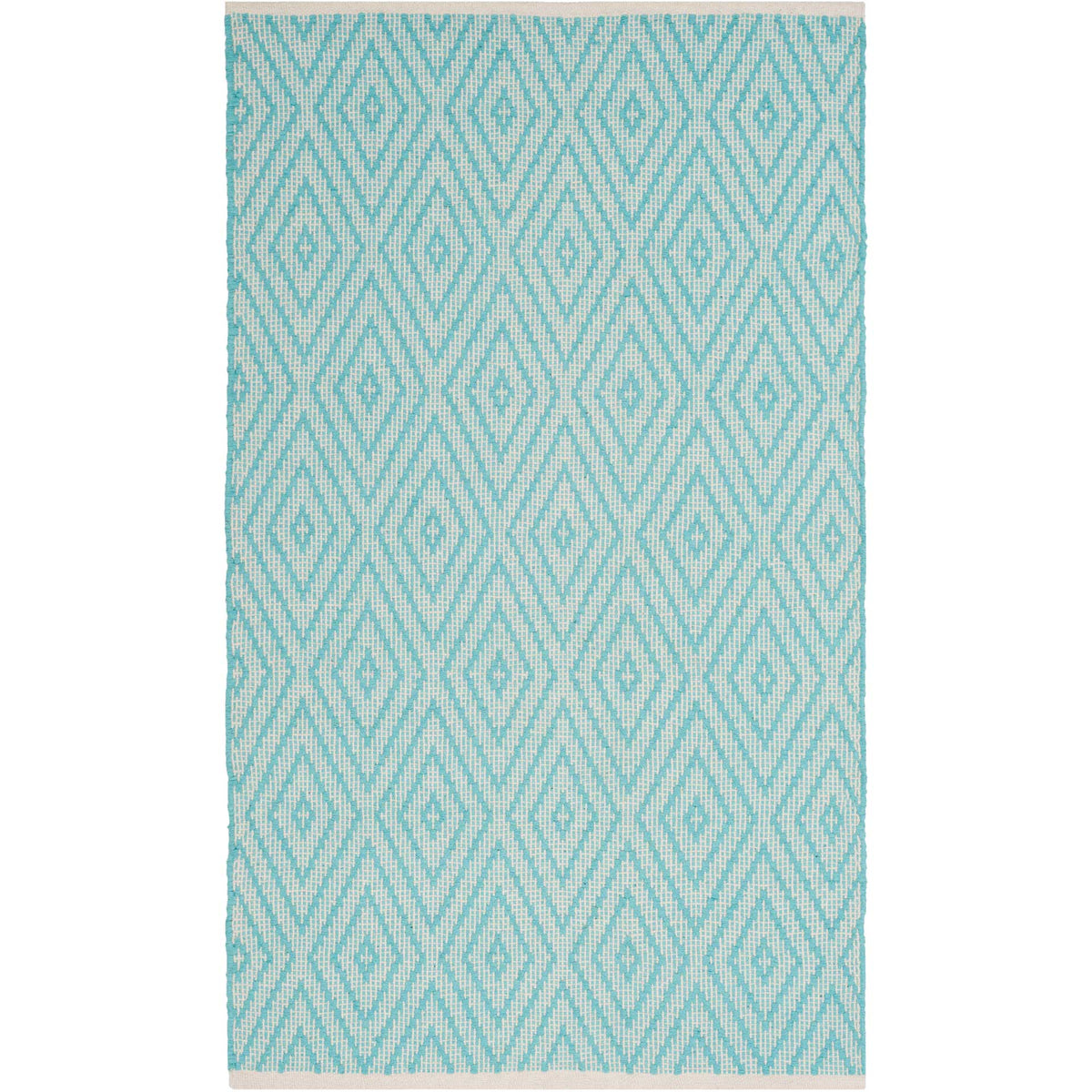 Bold turquoise diamond outlines enliven this narrow ivory cotton rug.