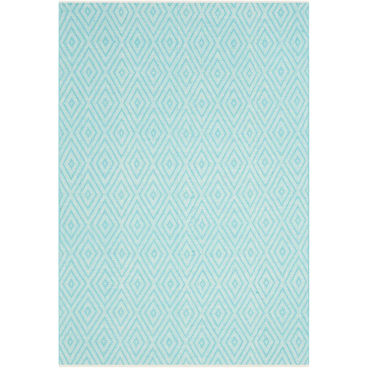Soft turquoise lines weave a subtle diamond pattern across an ivory cotton rug.