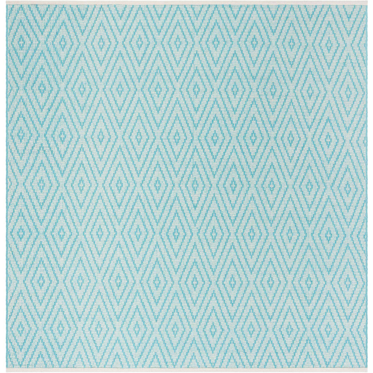 Turquoise diamond rows bring bright geometric character to a square ivory rug.