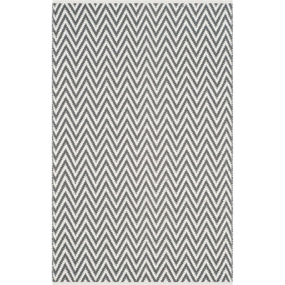 A smaller gray and ivory rug features tightly repeated chevrons and clean edges.