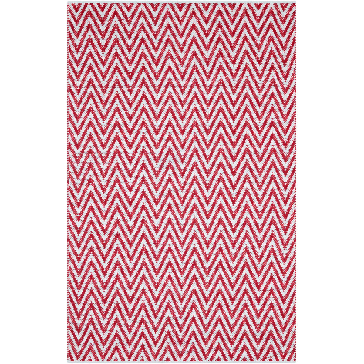 A smaller red and ivory rug makes a lively statement with repeating chevrons.