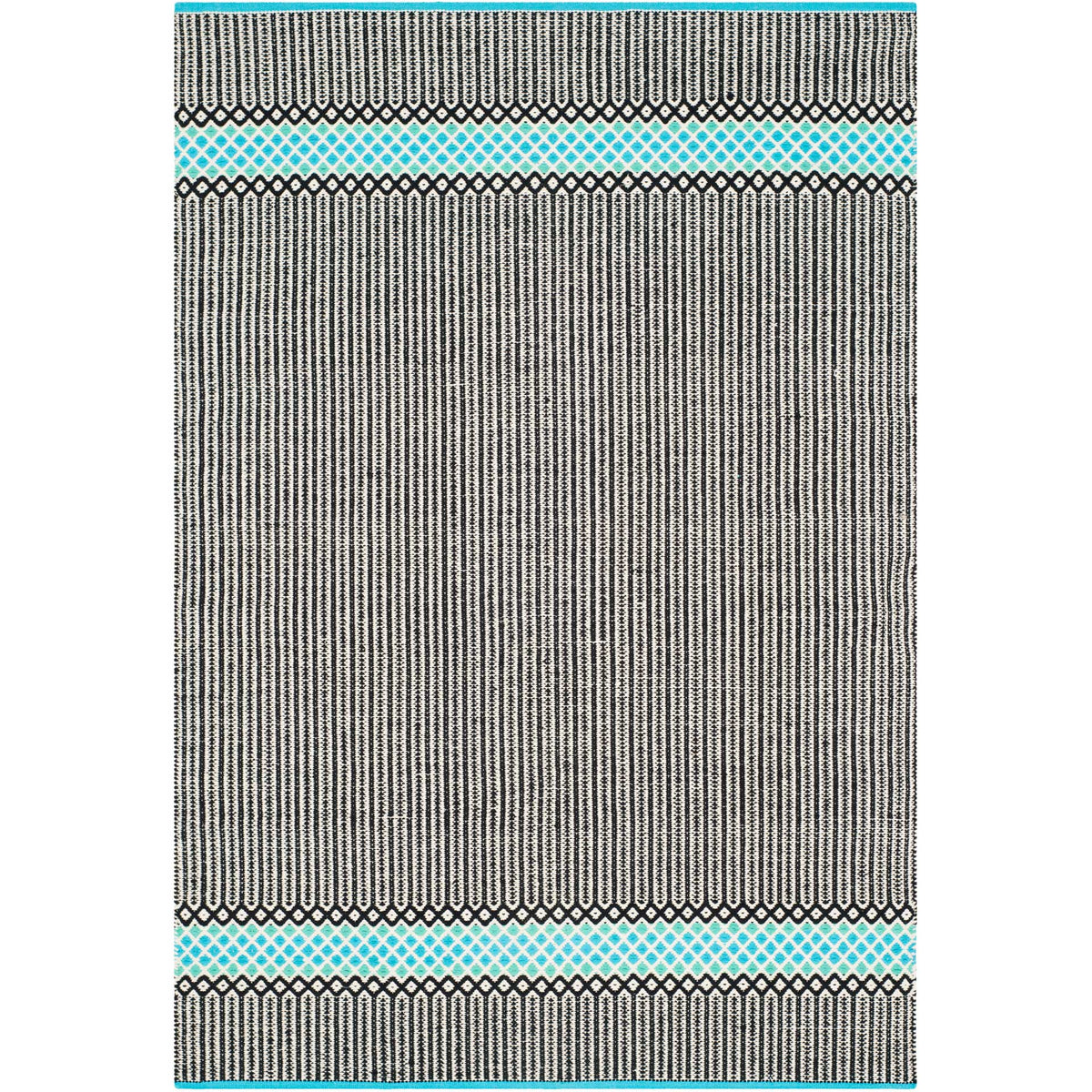 Bold turquoise diamond bands frame the closely woven black-and-cream stripes of this area rug