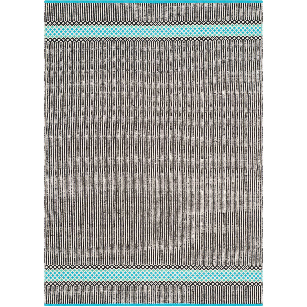 Turquoise lattice bands enliven the fine striped field and matching edge trim of this cotton rug